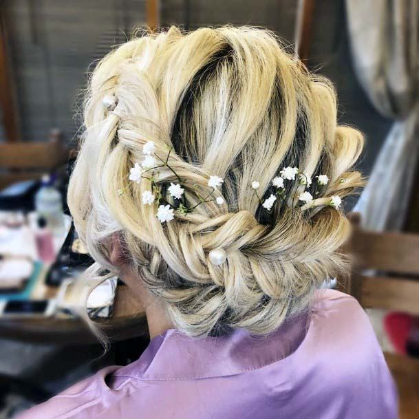 Fishbone Braid Pretty Hairstyle For Women Blond Hair With Flowers