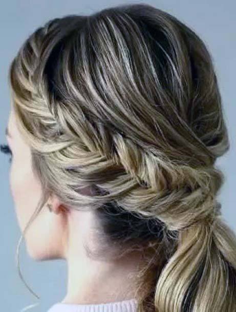 Fishtail Crown Braid Into Single Thick Ponytail On Medium Blonde Female