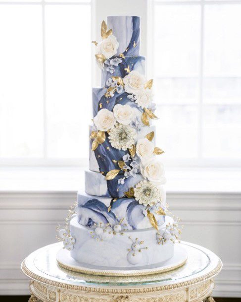 Five Tiered White And Blue Wedding Cake