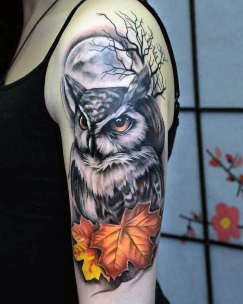 Flaming Autumn Leaves And Owl Tattoo Womens Arms