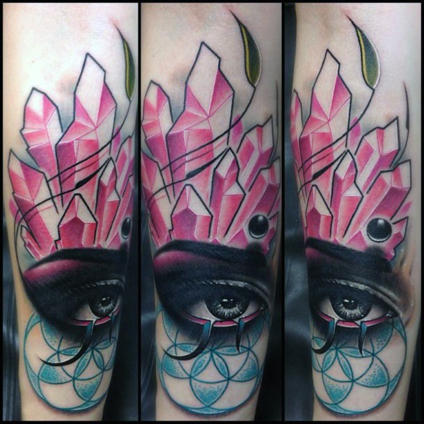 Flaming Pink Eye Tattoo For Women On Arms