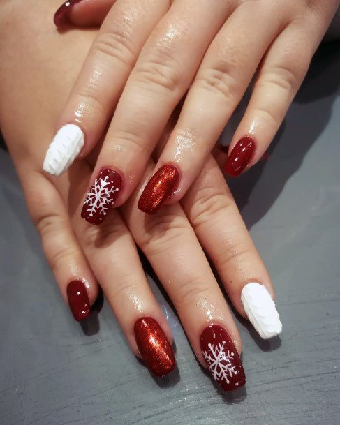 Flaming Red And White Snow Nails Women