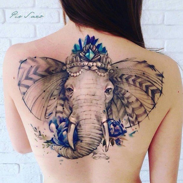 Flappy Eared Elephant With Blue Gem Tattoo Womens Back