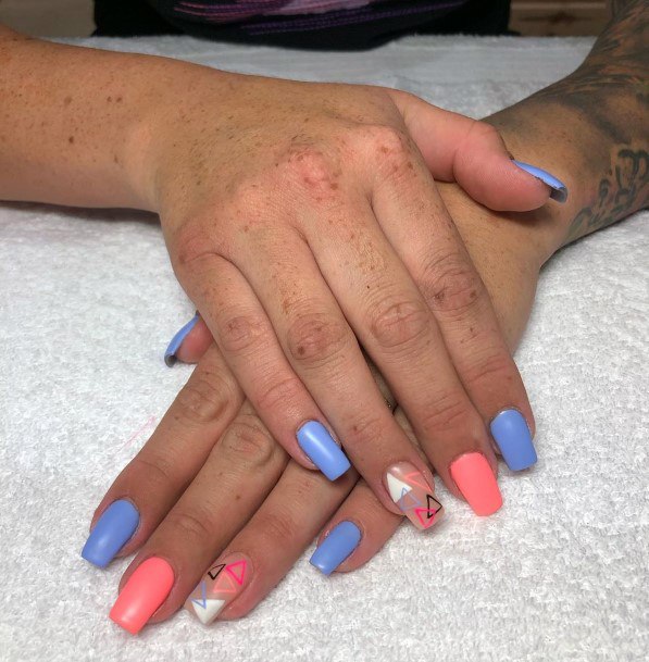 Flattering Bright Pink Blue Triangle Nails For Stylish Women