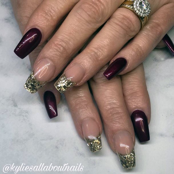 Flattering Maroon And Sexy Gold Tip Nail Design Ideas For Women