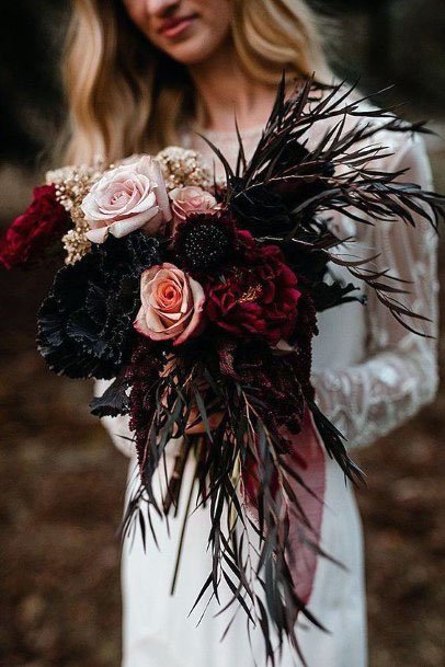 Flawless Dark Halloween Floral Bouquet Deep Red Blushy Pink Stunning White Wedding Dress Ideas For Brides