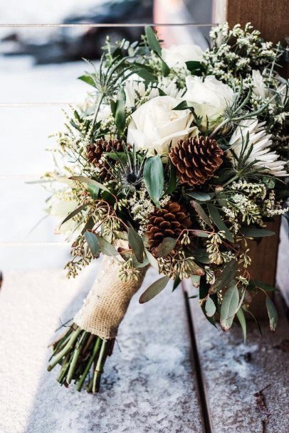 Flawless Forest Green Winter Wedding Bouquet Pinecones White Roses Ideas