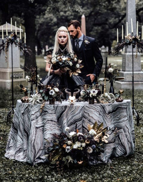 Flawless Gothic Halloween Wedding Ideas Eerie Black White Marble Cloth Dark Floral Inspiration