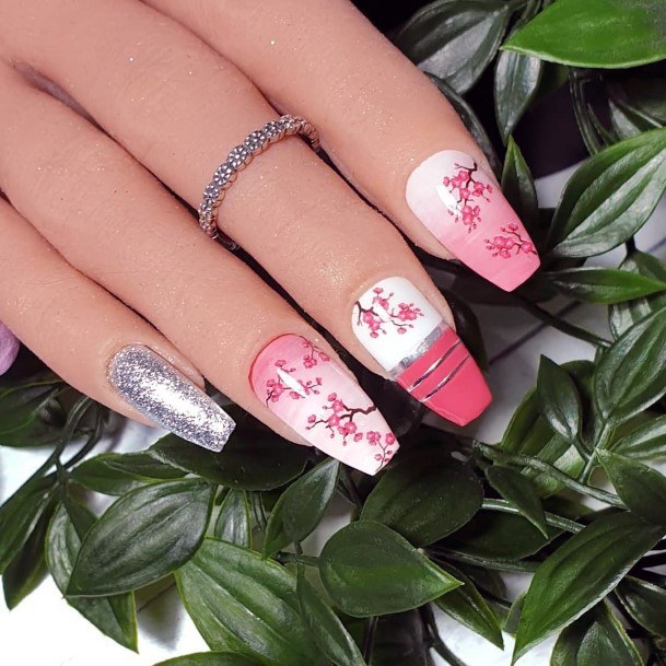 Flawless Sleek Pink White Ombre Gold Floral May Nail Design Ideas For Women