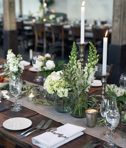 Flawless Wedding Table Inspiration White Floral Greenery Tall Candle Decoration Ideas