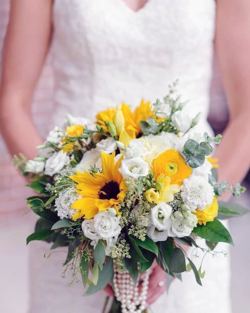 Flawless White Floral Vibrant Sunflower Wedding Bouquet For Bride