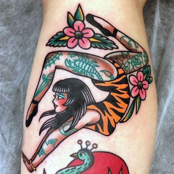 Flexible Lady American Traditional Tattoo Women