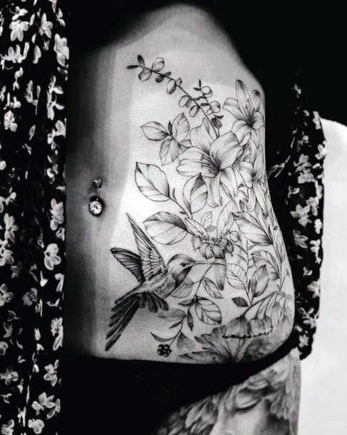 Flora And Hummingbird Black And Grey Tattoo Women