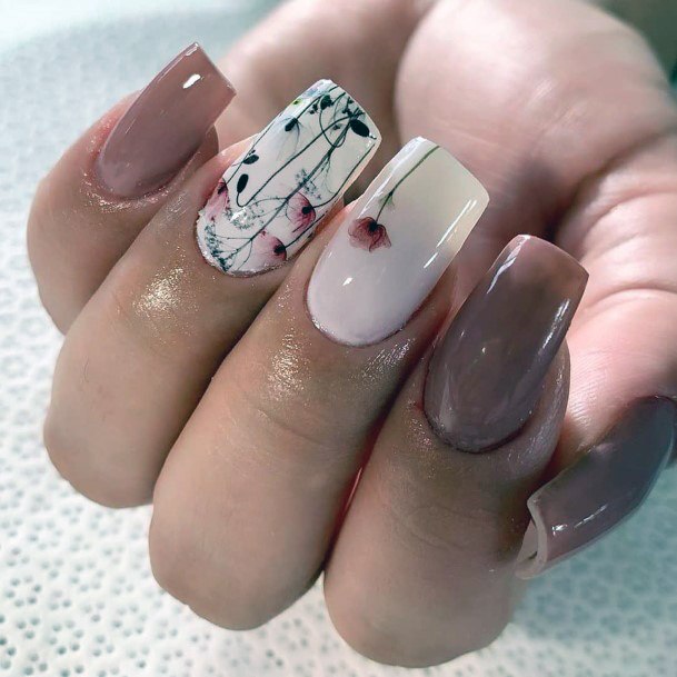 Floral Art On Long White Nails Women