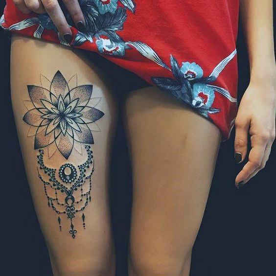 Floral Black Tattoo Womens Thighs