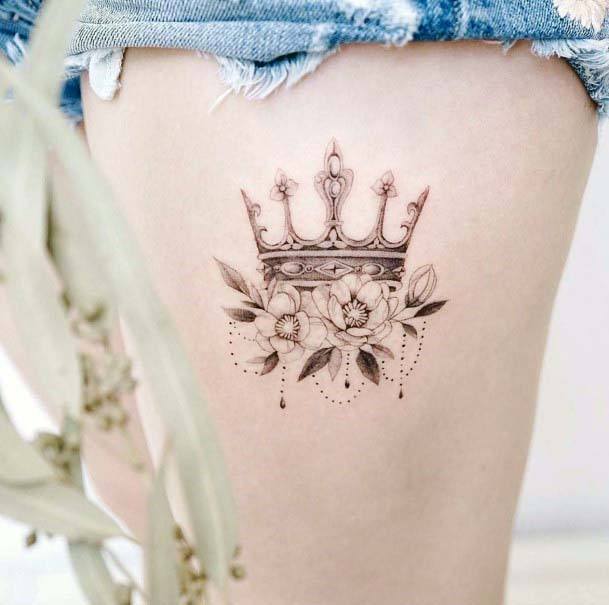 Floral Crown Tattoo Womens Thighs