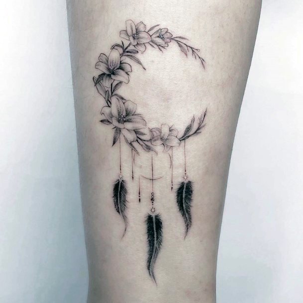 Floral Garland Dream Catcher Tattoo Womens Legs