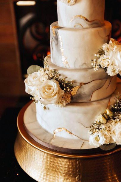 Floral Gold And White Marble Wedding Cake