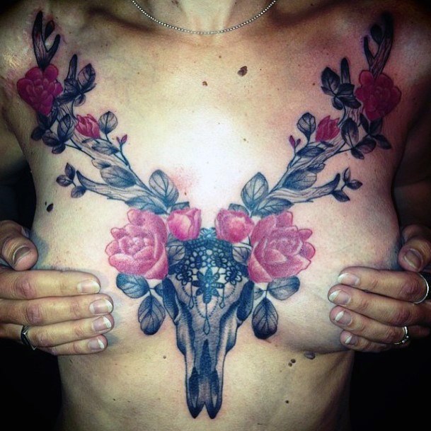 Floral Horned Beast Womens Chest Tattoo