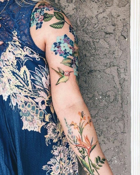 Floral Patterns And Hummingbird Tattoo Womens Full Sleeves