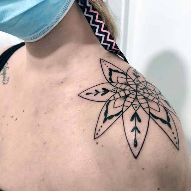 Floral Petal Tattoo With Geometric Pattern Womens Shoulders