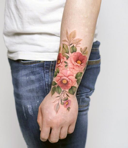 Floral Pink Tattoo Womens Wrist