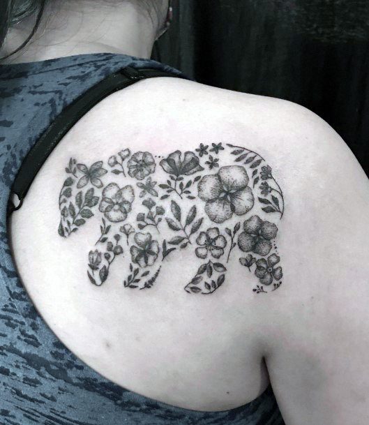 Floral Printed Bear Tattoo Womens Back Silhouette