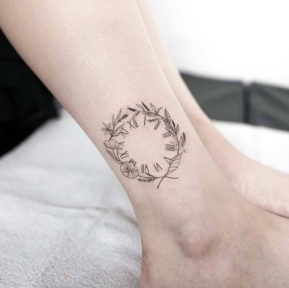 Floral Round Garland Tattoo Womens Ankle