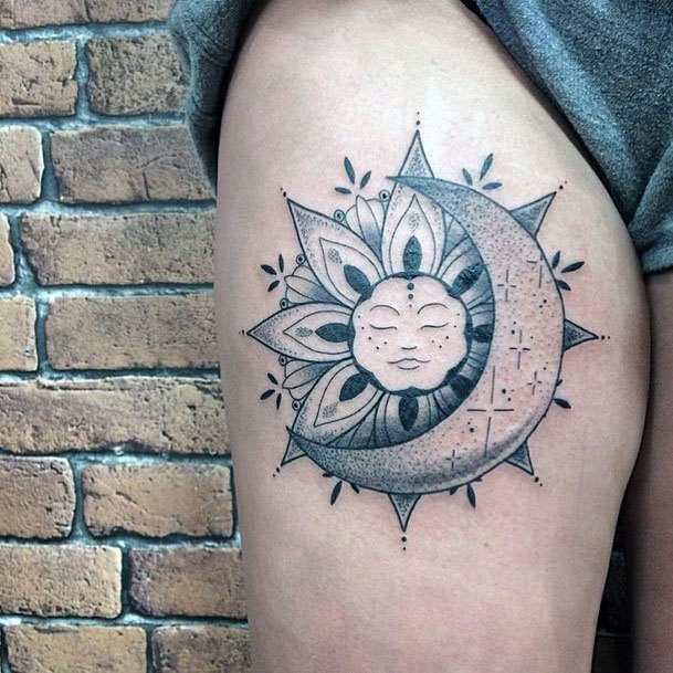 Floral Sun And Moon Tattoo For Women