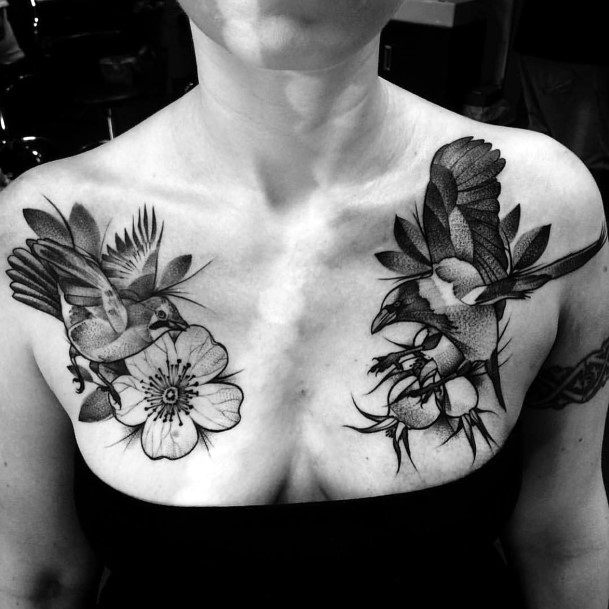 Florals And Birds Black Chest Tattoo Women