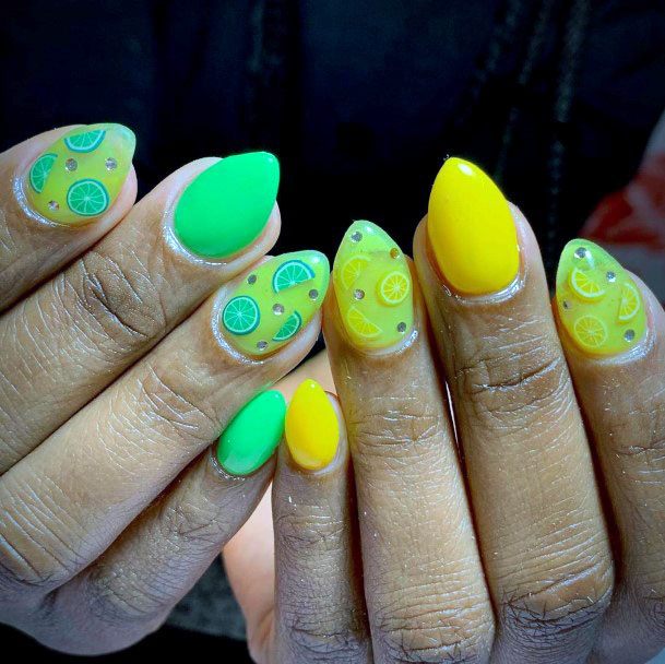 Flourescent Bright Lemon Lime Citrus Nail Design For Women