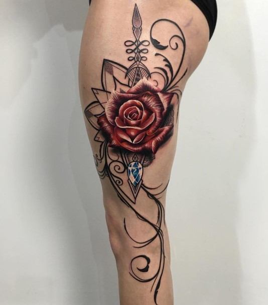 Flower And Gem Tattoo Womes Legs