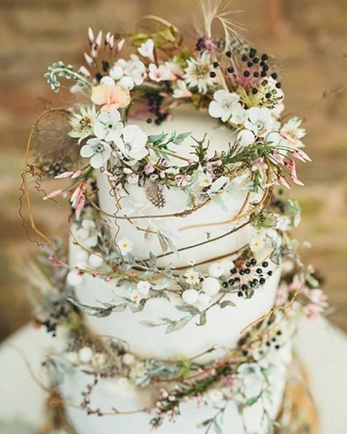 Flower Garland Around Country Wedding Cake