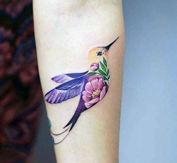 Flower In Hummingbird Tattoo For Women