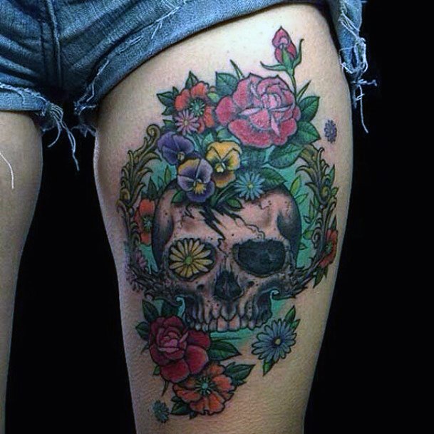 Flowered Skull Tattoo Womens Thighs