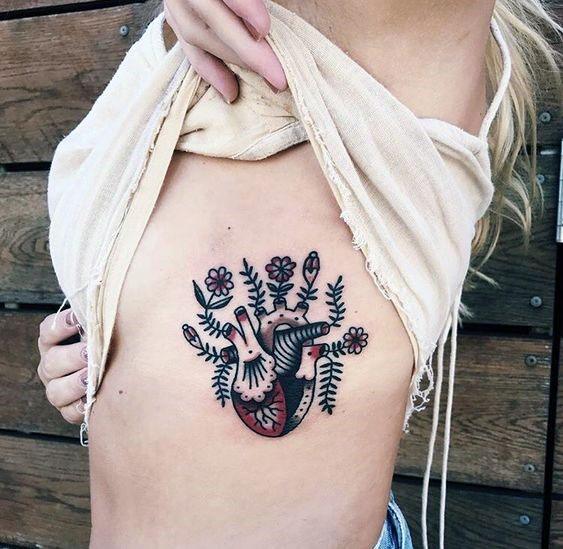 Flowers And Anatomical Heart American Traditional Tattoo Women