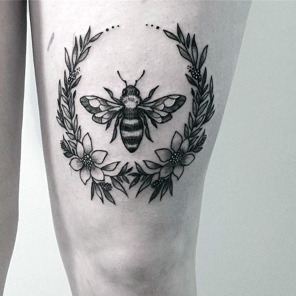 Flowers And Bee Tattoo Womens Thighs