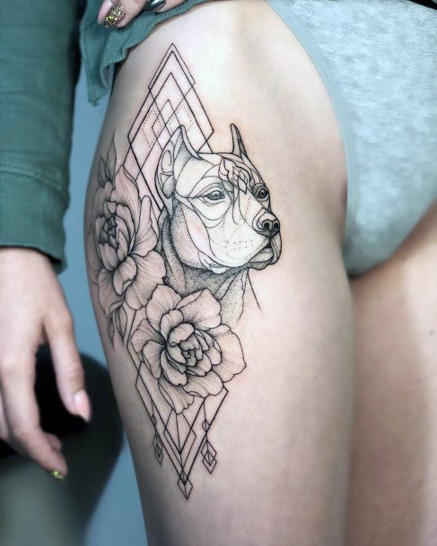 Flowers And Dog Tattoo Womens Thighs