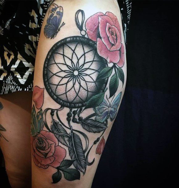 Flowers And Dream Catcher Tattoo Women