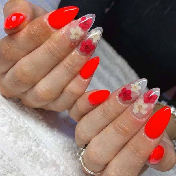 Flowers On Transparent Nails With Wild Red Summer Art On Nails