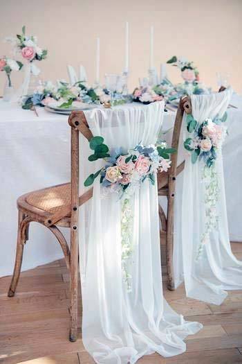 Flowing White Fabric On Chairs Wedding Head Table Decor