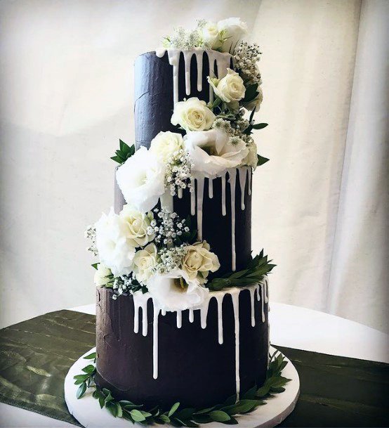 Flowing White Icing Red Velvet Black Wedding Cake