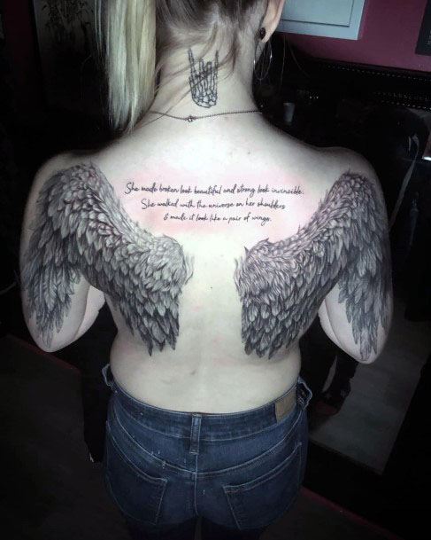 Fluffy Angel Wings Tattoo With Letters Womens Back Art