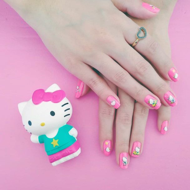 Fluroscent Pink Hello Kitty Nails