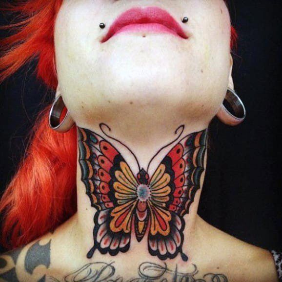 Fluttering Huge Butterfly Tattoo Womens Neck