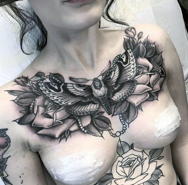 Fluttering Wings Moth And Flowers Womens Chest Tattoo