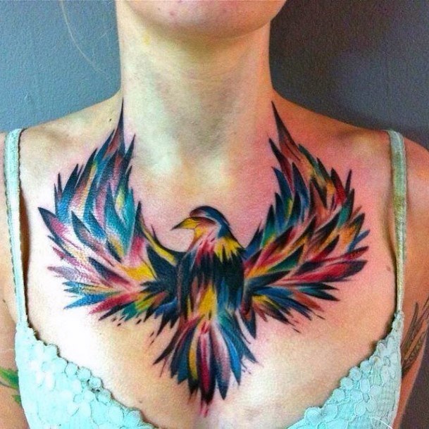 Flying Bird Blue And Yellow Tattoo Womens Chest