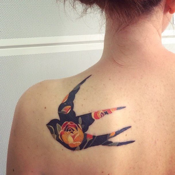 Flying Bird With Orange Blossoms Tattoo Womens Back