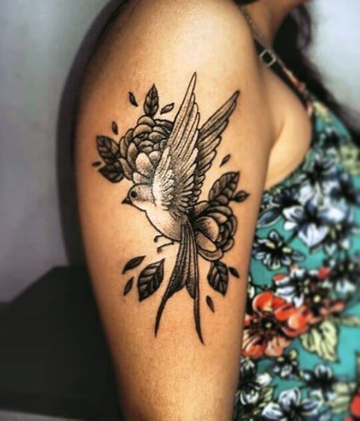 Flying Black Bird And Flowers Tattoo Womens Arms