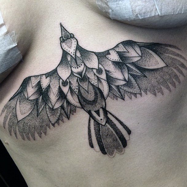 Flying Black Shaded Bird Tattoo Womens Chest